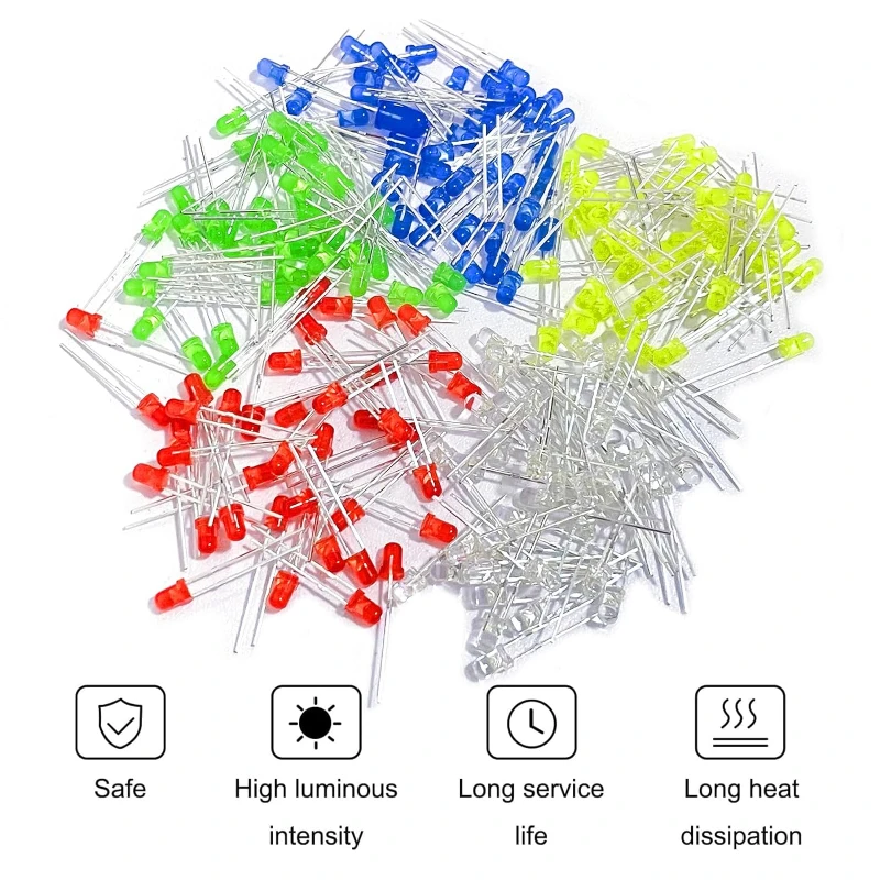 500pcs LED Round Light Emitting Diodes 5Values 3mm Multicolor Circuit Assorted kit (Red/Green/Yellow/White/Blue Each 100PCS)