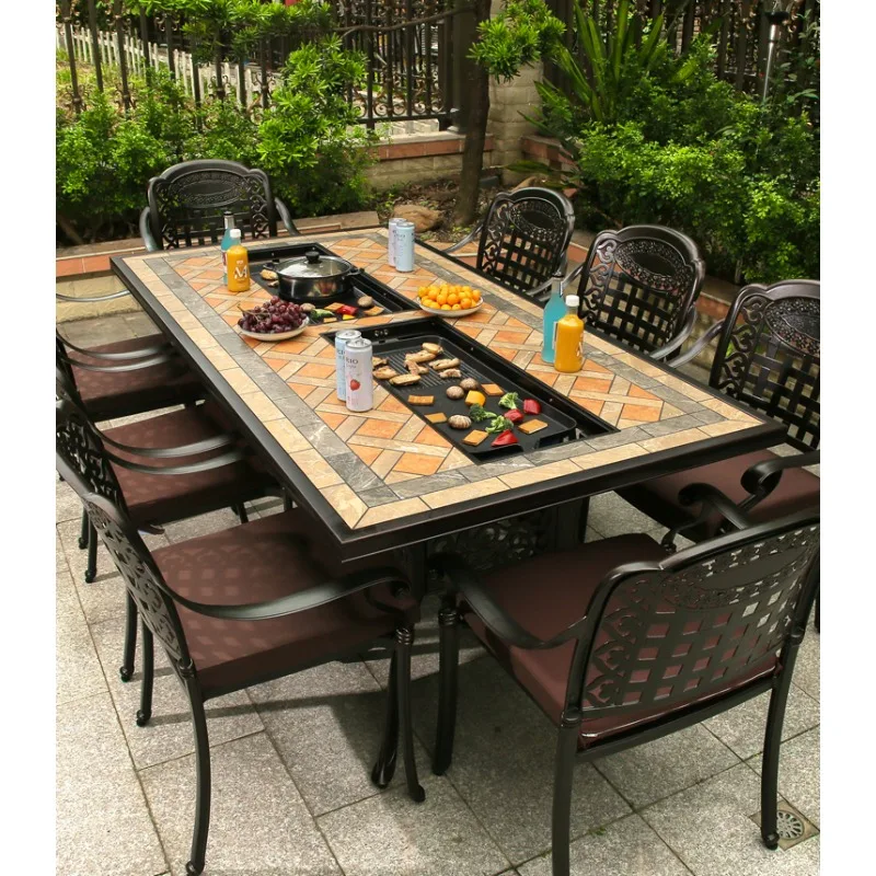 

Outdoor tables and chairs, electric barbecue, charcoal porcelain bricks, cast aluminum terrace, garden, courtyard, outdoor