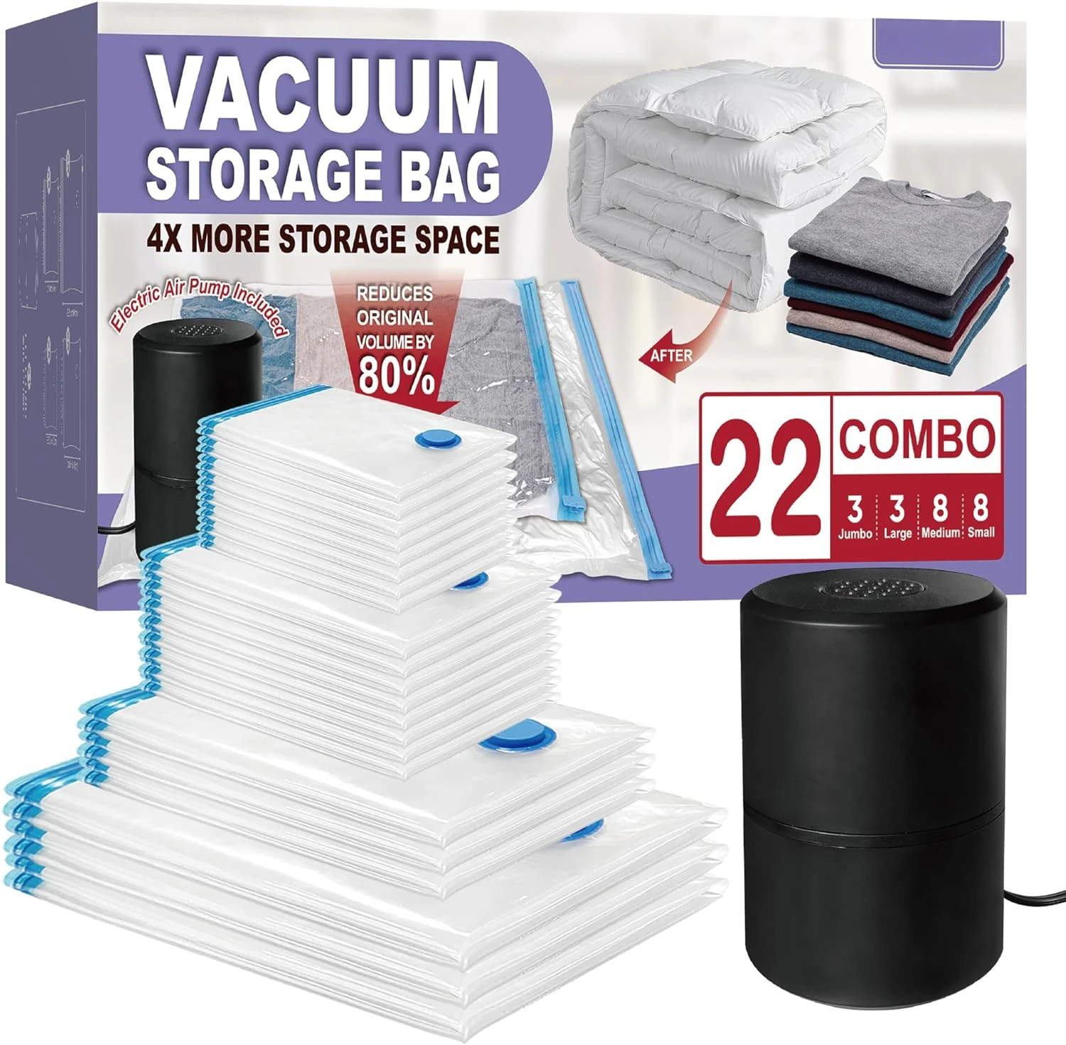 Vacuum Storage Bags with Electric Pump, 22 Combo (3Large/3Jumbo/8Medium/8Small) Space Saver SealerBags Seal with Pump,Space Bags