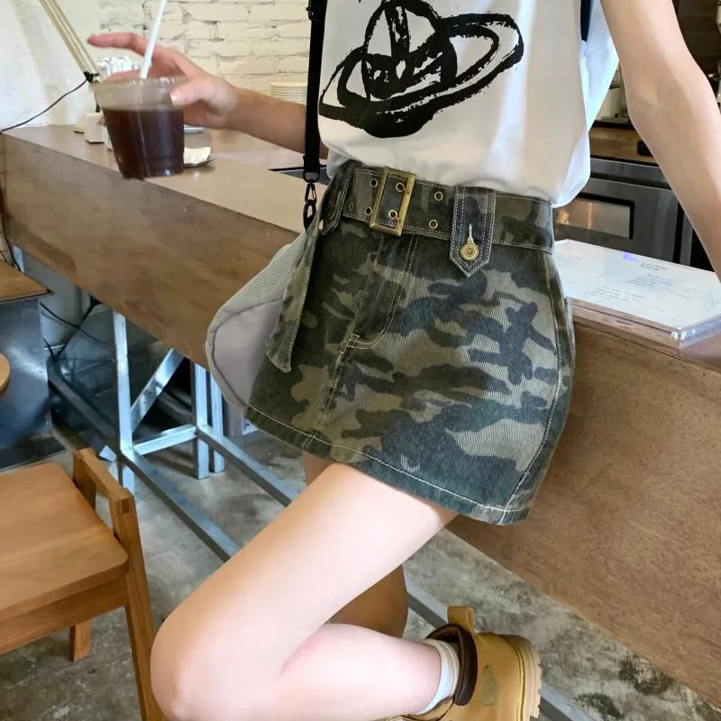 Biyaby Y2K Camouflage Jean Skirts Women American Retro High Waist Mini Skirt Woman Summer High Street with Belt Bag Hip Skirt