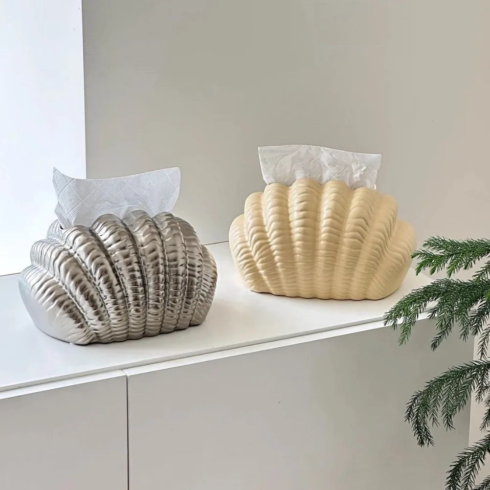 Cream Ceramic Tissue Box Living Room Desktop Shell Tissue Case Dining Table Tissue Case Household Tissues Storage Box Decoration