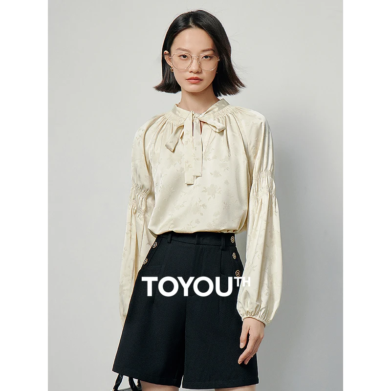 TOYOUTH Women Chinese Style Blouse 2024 Spring Jacquard Satin Juliet Sleeve Ruched Office Blouses