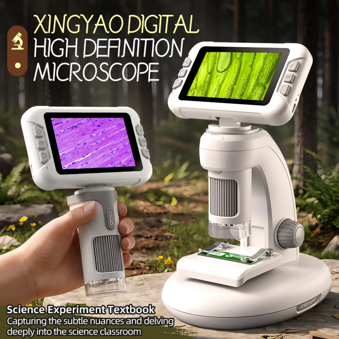 Kids Microscope 4Inch LCD Screen with 13 Languages Handheld Desktop Digital Handheld Microscope for Education Biology for Kids