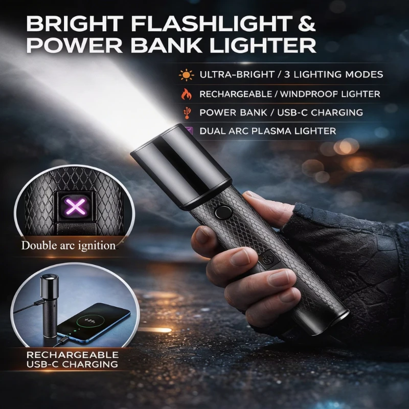 New Creativity Multi Functional Flashlight Arc Lighter Mobile Power Supply Three in One Portable Outdoor Camping Travel Tool