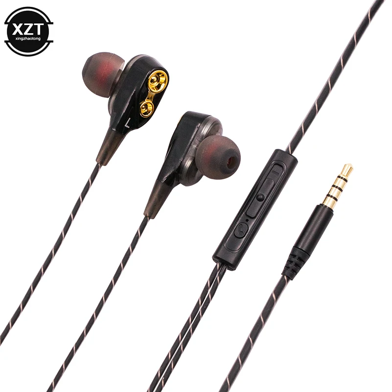 Vendite in liquidazione Auricolare cablato HiFi da 3,5 mm Altoparlante quad-core dinamico doppio Auricolari in-ear Cavo flessibile Anti-avvolgimento con microfono