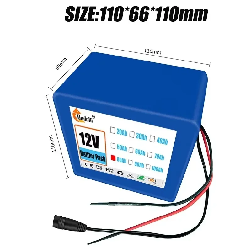 Portable 12V 80AH 3S12P rechargeable lithium-ion battery for LED light backup Powe etc + 12.6V 3A charger