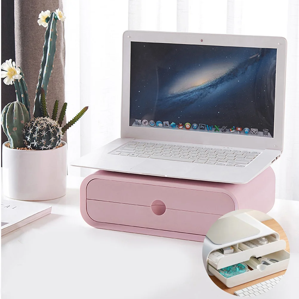 

1pc Monitor Elevated Shelf Pink Abs Desktop Organizer For Computer Storage Rack Stationery Makeup Supplies Holder Workstation