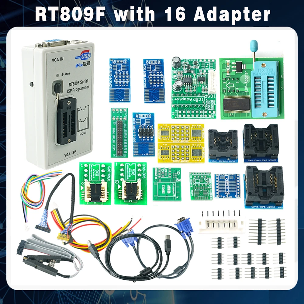 

Original RT809F Serial ISP Universal Programmer + 16 Adapters +1.8V Adapter+SOP8 Test Clip+EDID Cable +ICSP Bios PC Program