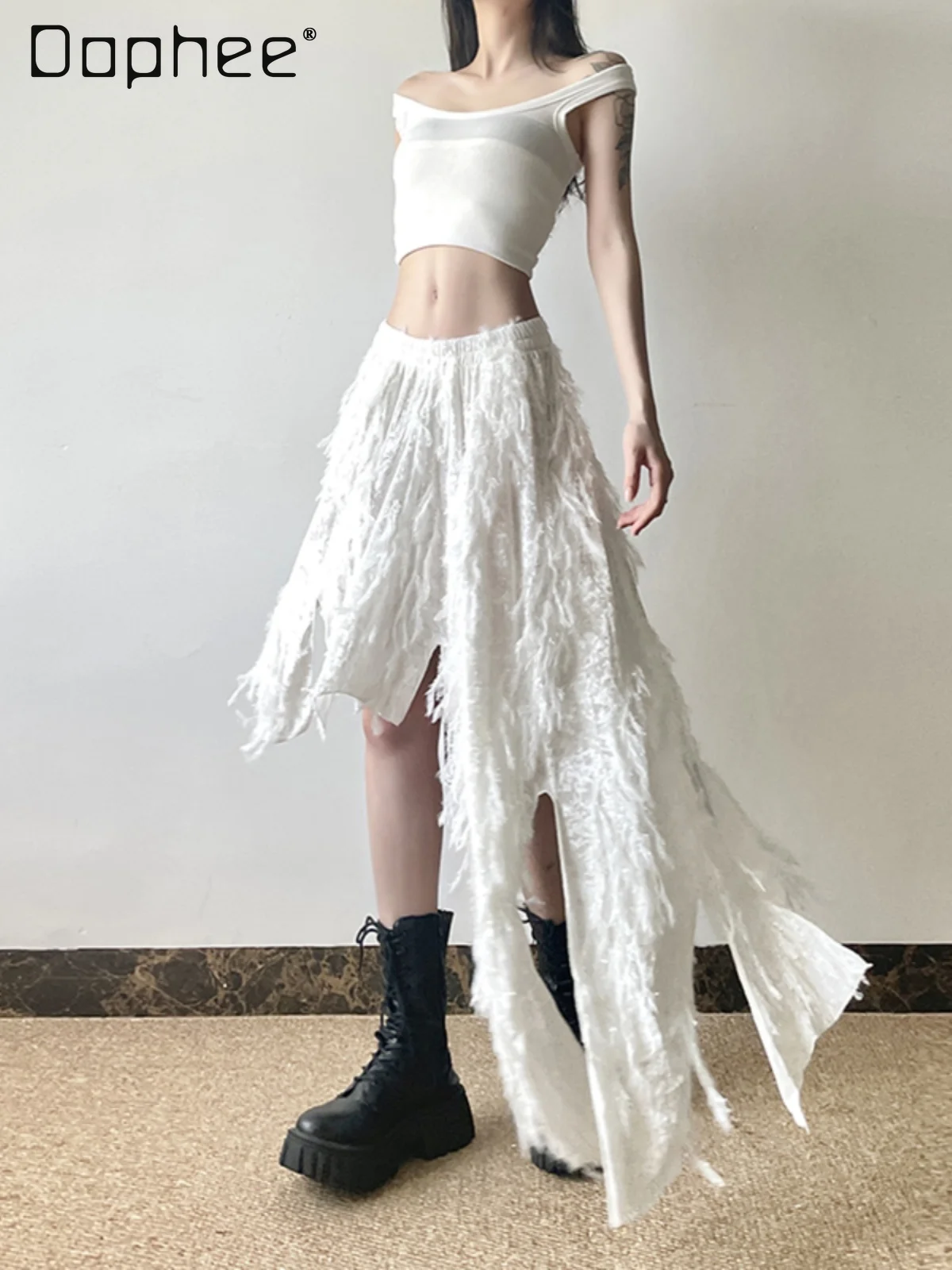 Irregular Tassel Skirt Temperament White Elastic Waist Slim A Line Long Skirt All Match Casual Y2k 2025 New Fashion Female