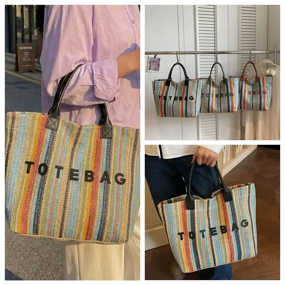 

Portable Woven Straw Tote Bag Letter Shoulder Bag Striped Handbags Tote Pouch Beach Bag Rainbow Tote Bag Ladies