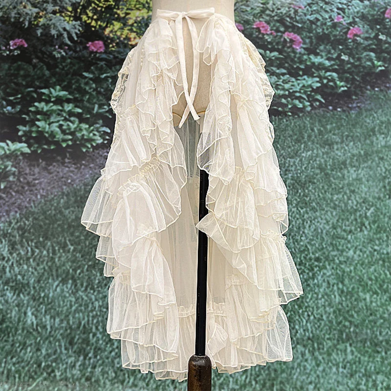 Double-layer Gothic Lolita Lace Mesh Ruffles Princess Party Skirt Women Asymmetrical Curtain Sheer Cover Up Thin Long Skirts