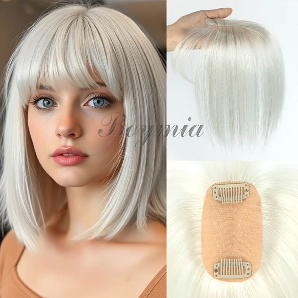 5x9cm Human Hair Toppers Thin Clip-In Topper with 3D 360° Coverage Air Bangs Fringe Hairpieces 8''-14'' for Women 8Colors