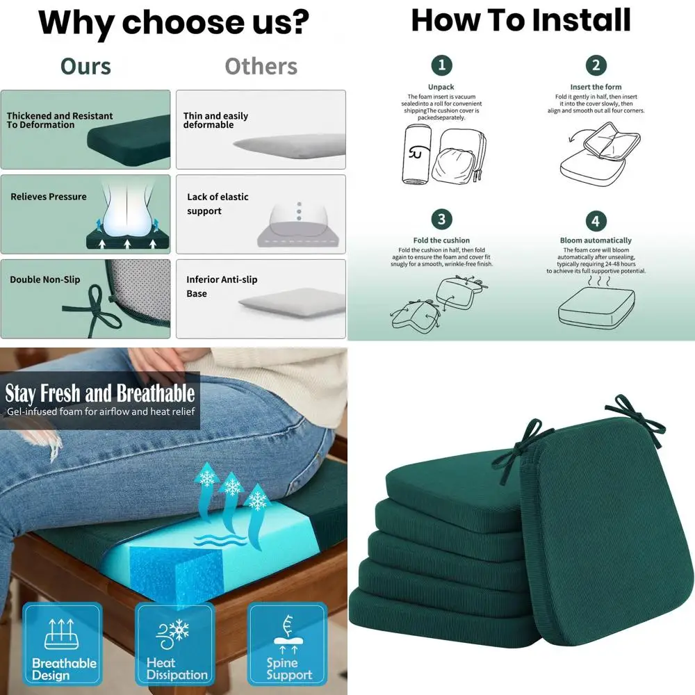 

Набор из 6 охотничьих зеленых гелевых подушек для сидений из 2 толстых пенопласта для столовой, кухни и офисных стульев со съемной моющейся бухтой