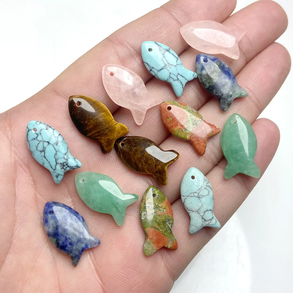 2Pcs Fish Shape Natural Stone Pendants Unakite Aventurine Turquoises Gems Stone Charm for Jewelry Making Necklaces 13x26mm - view 4