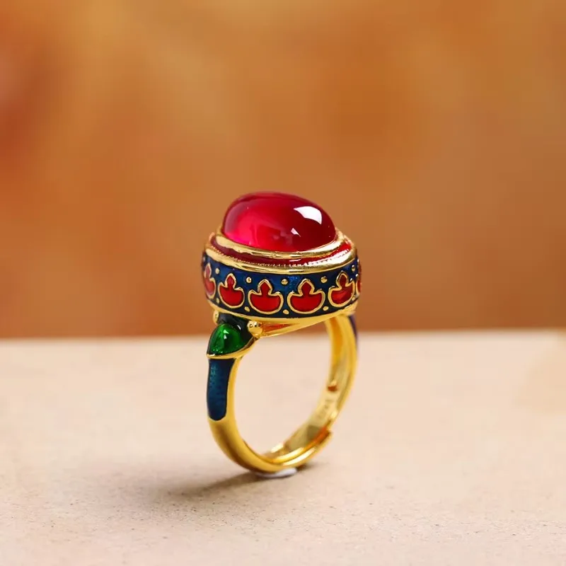 Original ancient gold craftsmanship natural carnelian rings for women flower enamel national style Wedding fine jewelry