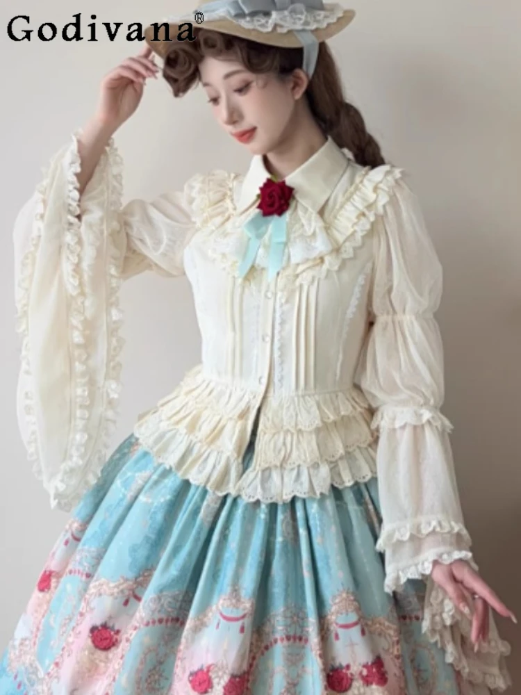 

Spring Autumn Elegant Lolita Flare Sleeve Peter Pan Collar Shirt Sweet Girls Versatile Age Reduction Fashion Long Sleeves Shirts