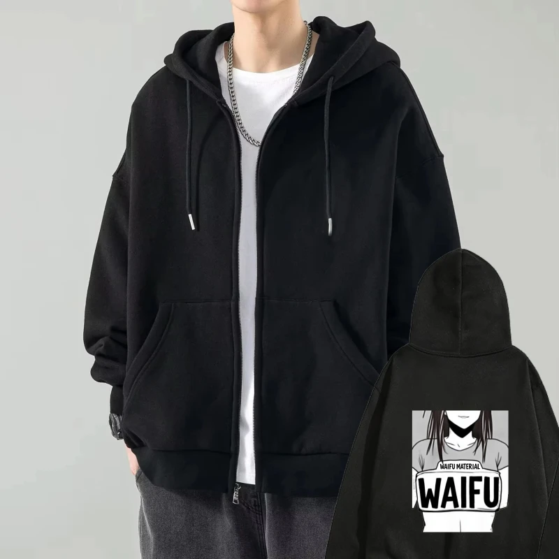 

Men's Hooded Jacket Black WAIFU Printed Anime Manga Design Casual Streetwear for Daily Wear and Cosplay