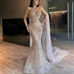 One Shoulder Cape Sleeve Pearls Prom Dress Mermaid Long Party Dresses Women Beaded Birthday Engagement Thanksgiving Gowns Robe