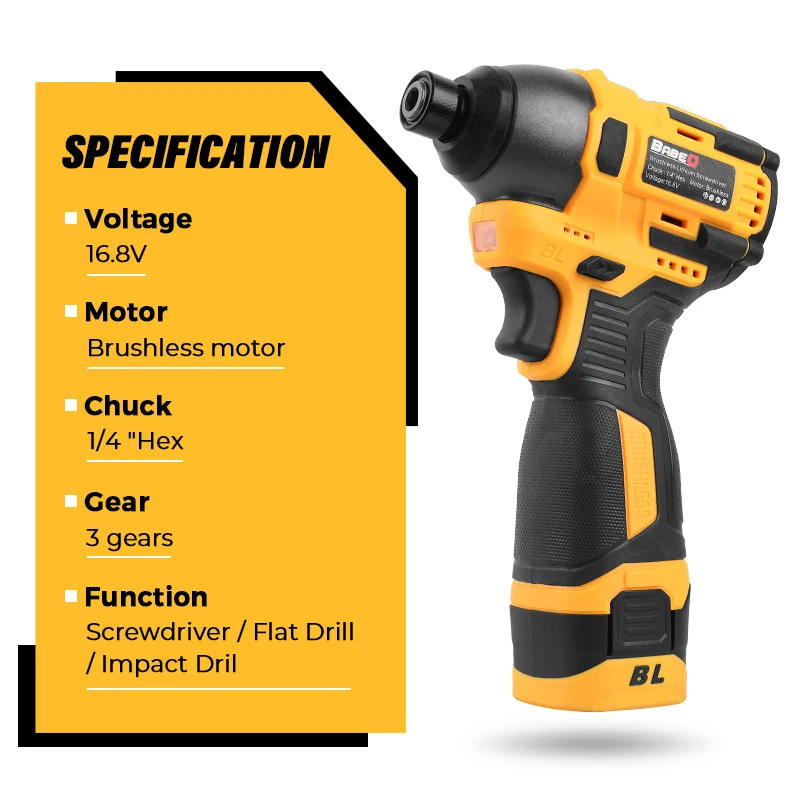 BABEQ 16.8V Brushless Electric Drill Screwdriver 3 Speeds 60N.M Impact Driver Cordless Drill Household Repairing Power Tools