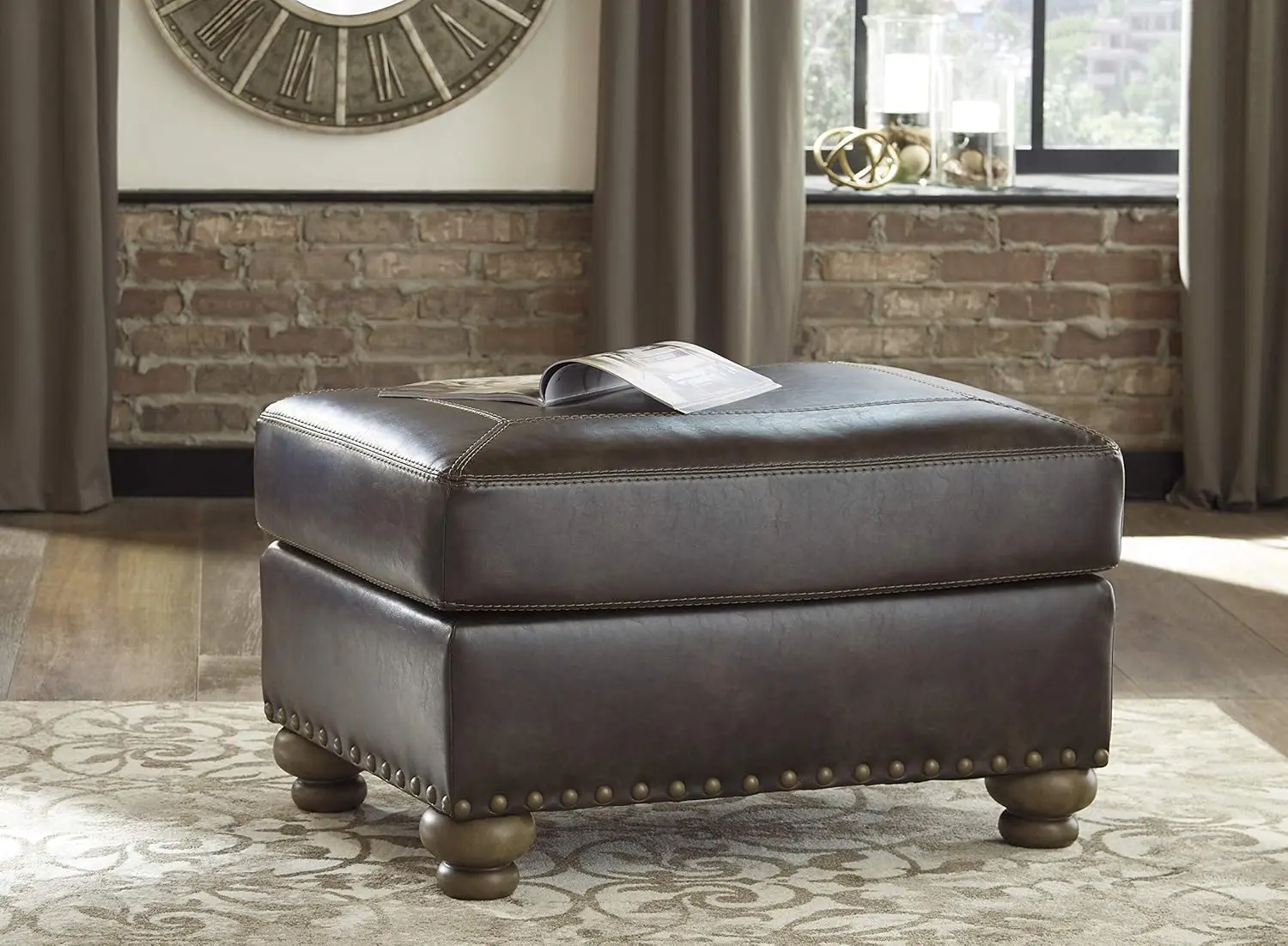 Signature Design Traditional Faux Leather Ottoman with Gold Nailhead Trim, Brown Small