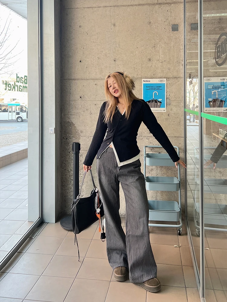 

Thickened Fleece Winter Denim Pants Women's plus Size High Waist Loose Slimming Wide Leg Pants Warm Casual Stripe Pattern
