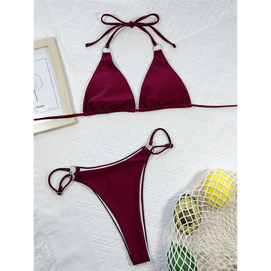 Sexy Neckholder-Bikini mit hohem Beinausschnitt und Metallring, Damen-Badeanzug, zweiteiliges Bikini-Set, Badebekleidung, Badeanzug, Modell V3142 – Detail 17