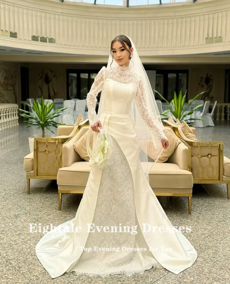 فستان زفاف عربي Eightale برقبة عالية دانتيل مخصص من الساتان بأكمام طويلة فستان زفاف إسلامي حورية البحر فستان حفلات العروس #2