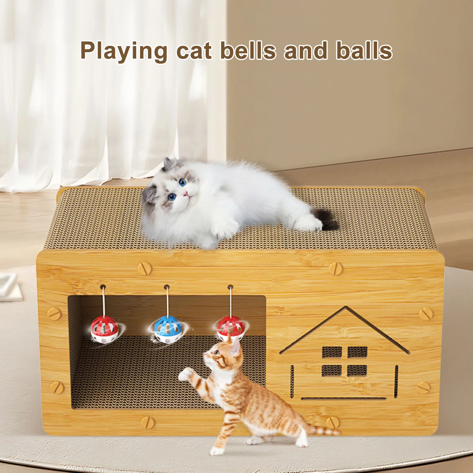 3 IN 1 Cat House Scratcher with 3 Balls Large Cardboard Cat House for Indoor Cats Toys Pet Condo Scratch Board Bed Furniture