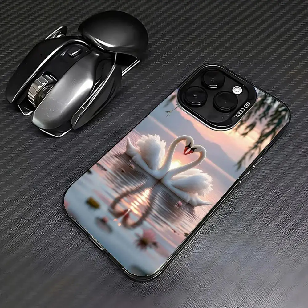 Love Two White Swan Phone Cases Suitable for iPhone 16, 15, 14, 13, 12, 11 Pro/Max/Plus Anti Shock Back Cover Anti Drop