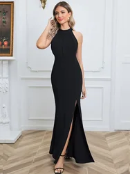 Women's Elegant Chic Halter Neck Sleeveless Solid Stretchy Wedding Guest Mermaid Long Evening Dress