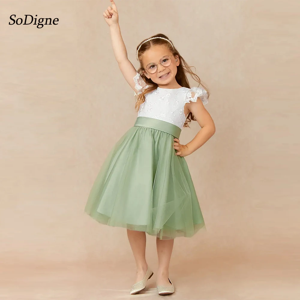 SoDigne A-line Appliques Tulle Flower Girl Dress O-neck Sleeveless Skirt Girls Party Dresses Customized Kid Gown with Bow