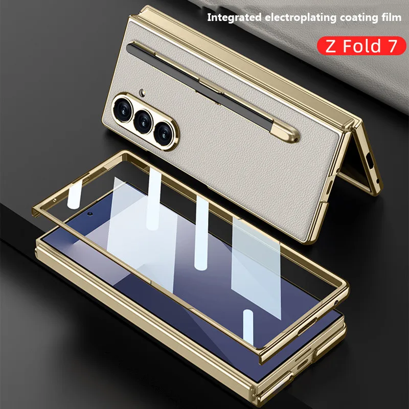 

Для Samsung Galaxy Z Fold7, чехол со слотом для ручки, гальванический кожаный стильный простой универсальный защитный чехол для Z Fold 7