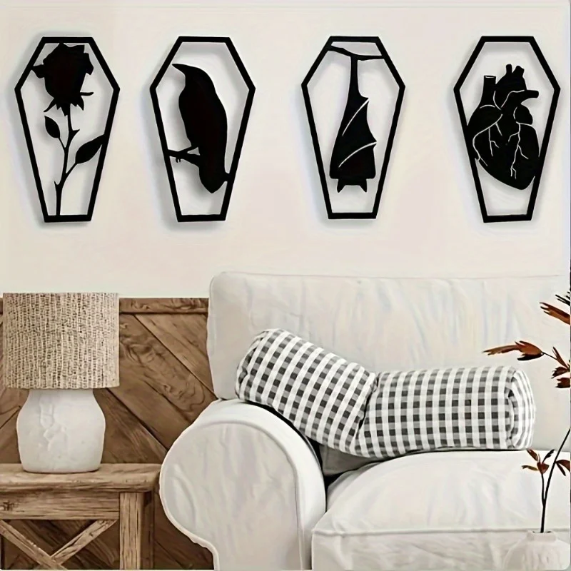 Acrylic Gothic Coffin Shape Wall Decor Set 4-Piece, Heart Bat Raven Rose Pattern Acrylic Plate Art for Home Party Halloween Goth