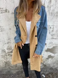 Fashion Women's Suit Collar Denim Patchwork Mid-length Jacket Autumn Winter New Lapel Solid Color Pockets Casual Coats Outwear