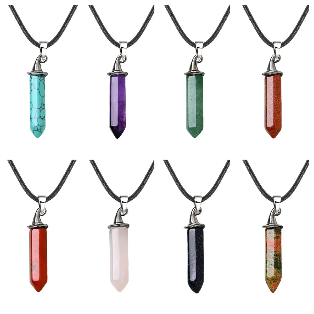 Wizard Cap Pendant Necklace Natural Gemstone Hexagonal Prism Charms Healing Chakra Jewlery for Women Men