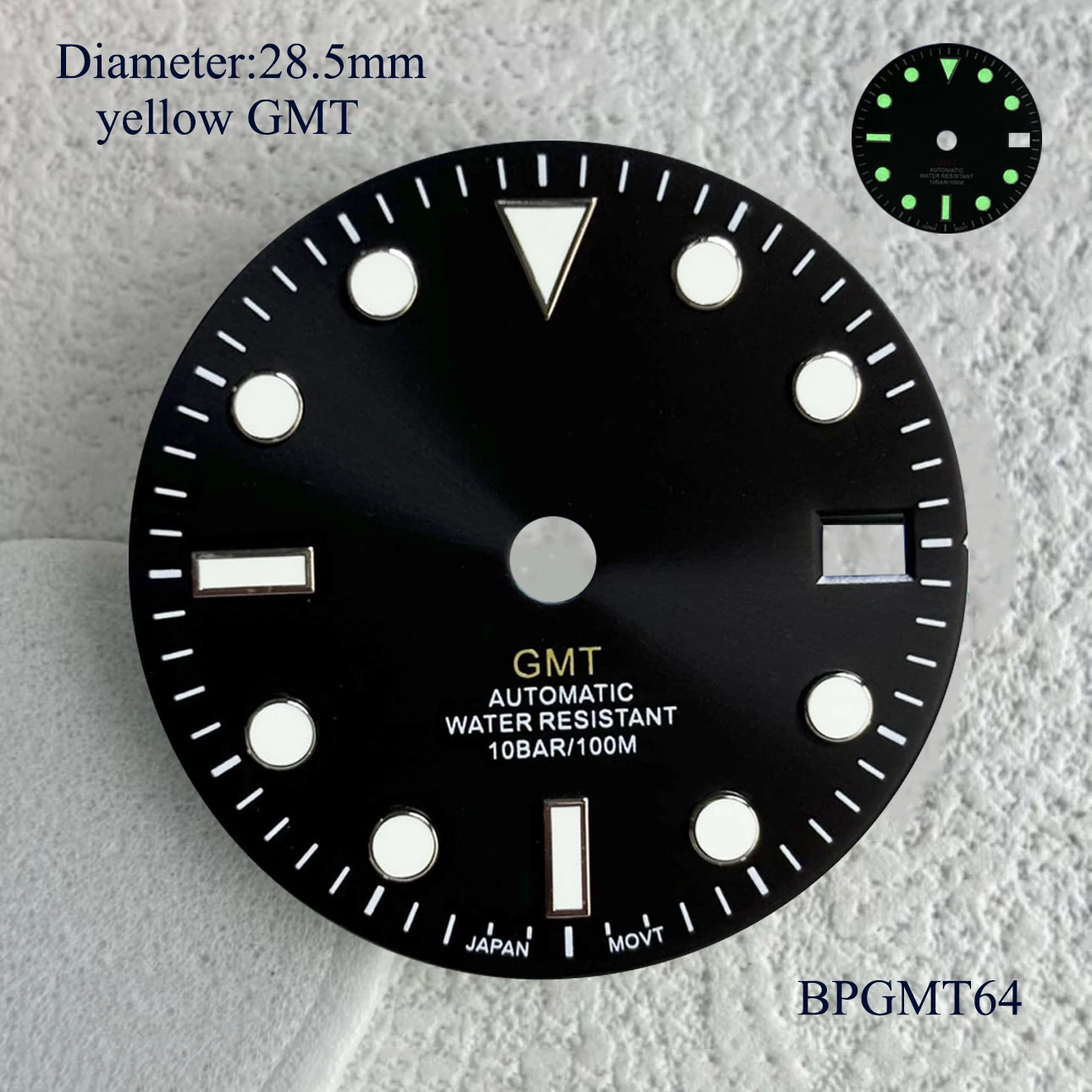 Jam tangan tongkat GMT kualitas tinggi bercahaya hijau 28.5mm S Logo Dial hijau biru merah hitam oranye tanda GMT Dial gmt dial 34 gerakan