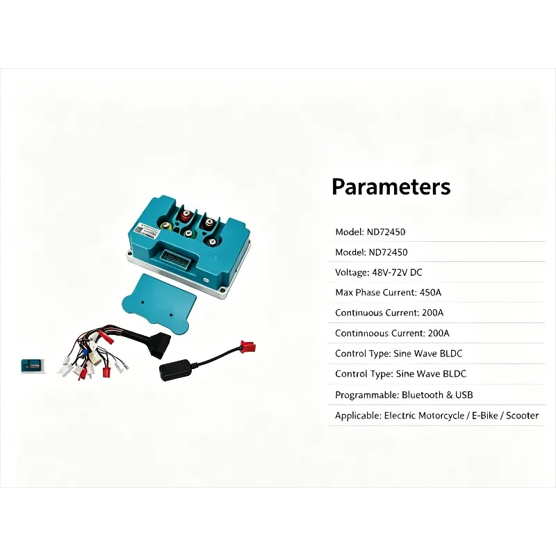 ND72450 450A BLDC Controller 48V-72V Bluetooth Programmable Sine Wave Motor Controller for Electric Motorcycle E Scooter E-Bike