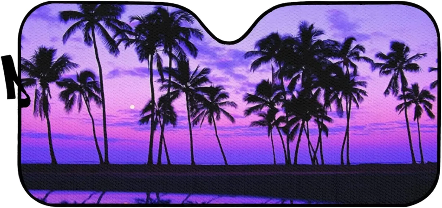 

CLOHOMIN Purple Sunset Beach Palm Tree Windshield Sun Shade Foldable Car Front Window Sunshade for SUV Truck Universal Auto Sun