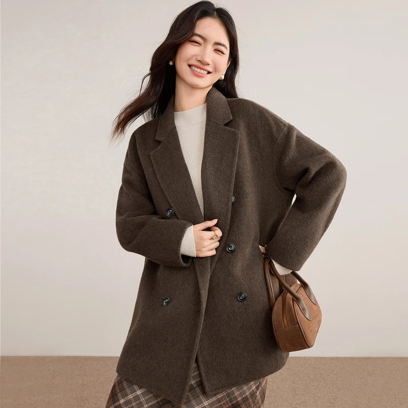 SENTUBILA Wollen jassen voor dames 2026 Winterjassen Notch Revers Lange mouw Losse jas Casual stijl Dameskleding W54OA8768