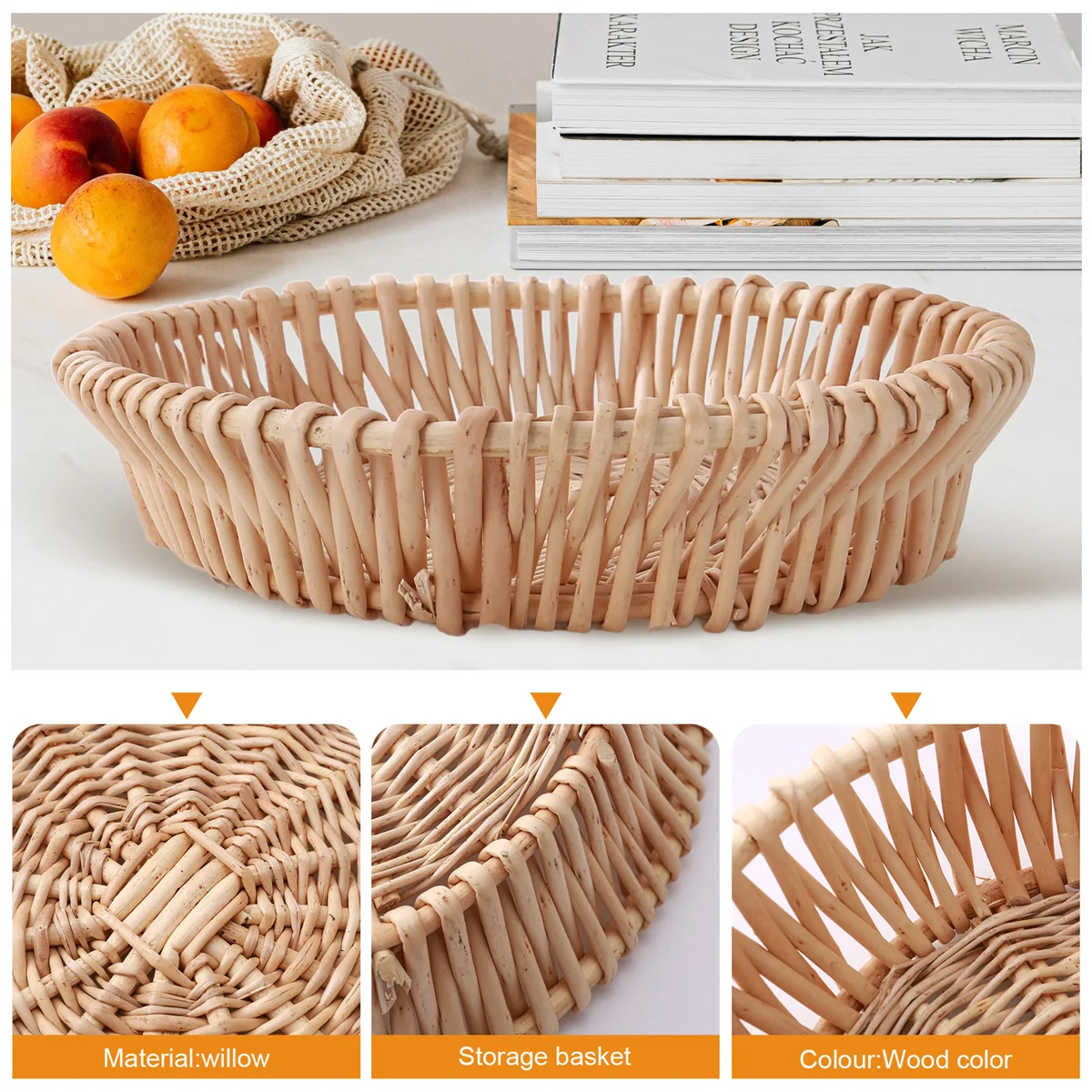 Cesta tejida a mano, cesta de mimbre, cesta para servir alimentos para pan, fruta, almacenamiento de verduras, 25x8cm