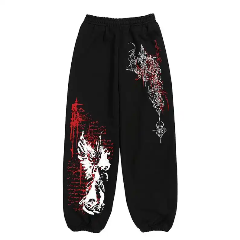 Gothic Style Angel Print Jogging Pants, Dark Color Alternative Jogging Pants, Fallen Angel Jogging Pants, Men's Casual Pants