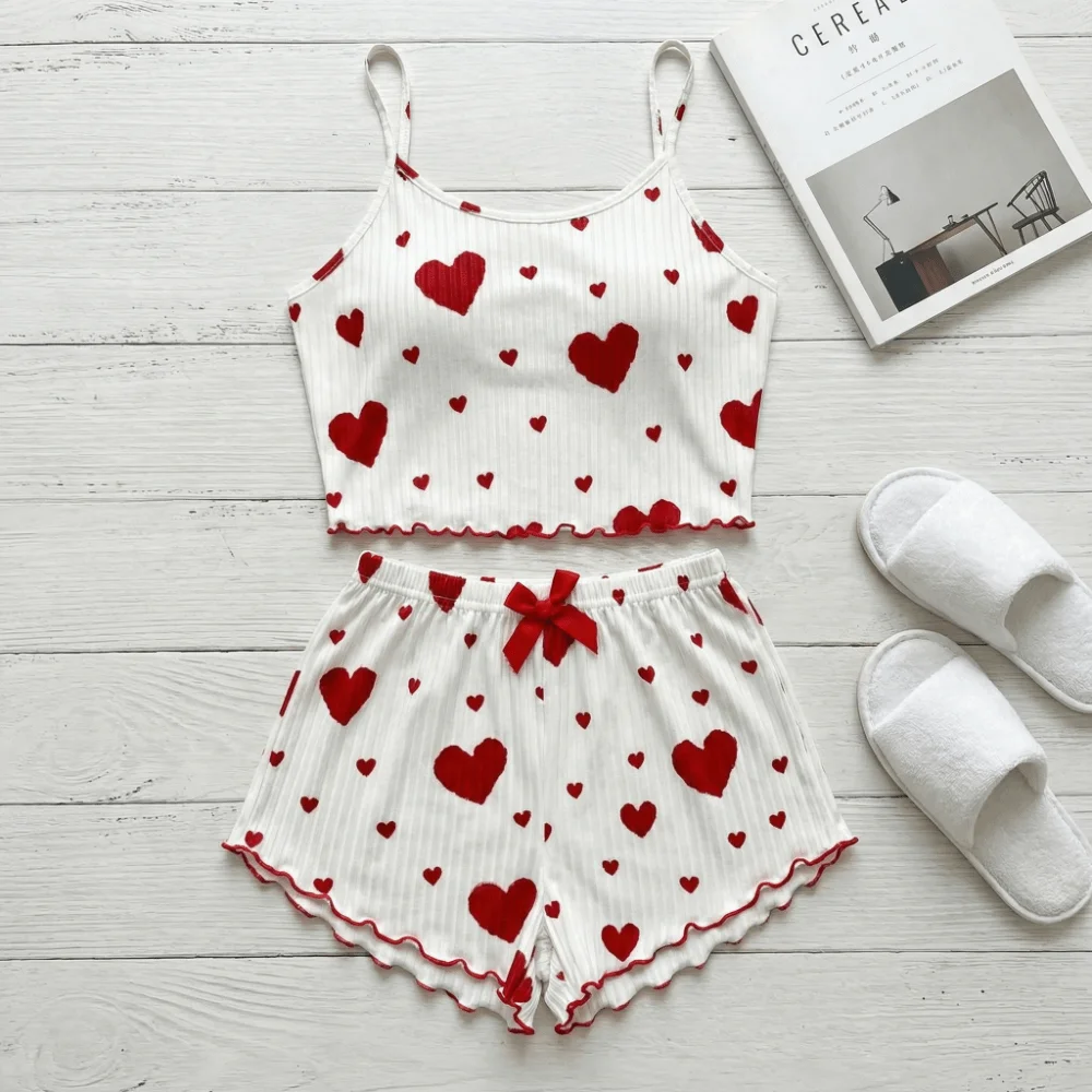 

Fashion Love Heart Women's Pajamas Set Homewear Summer Two Piece Nightwear Bow Cami Shorts Pajamas Girl