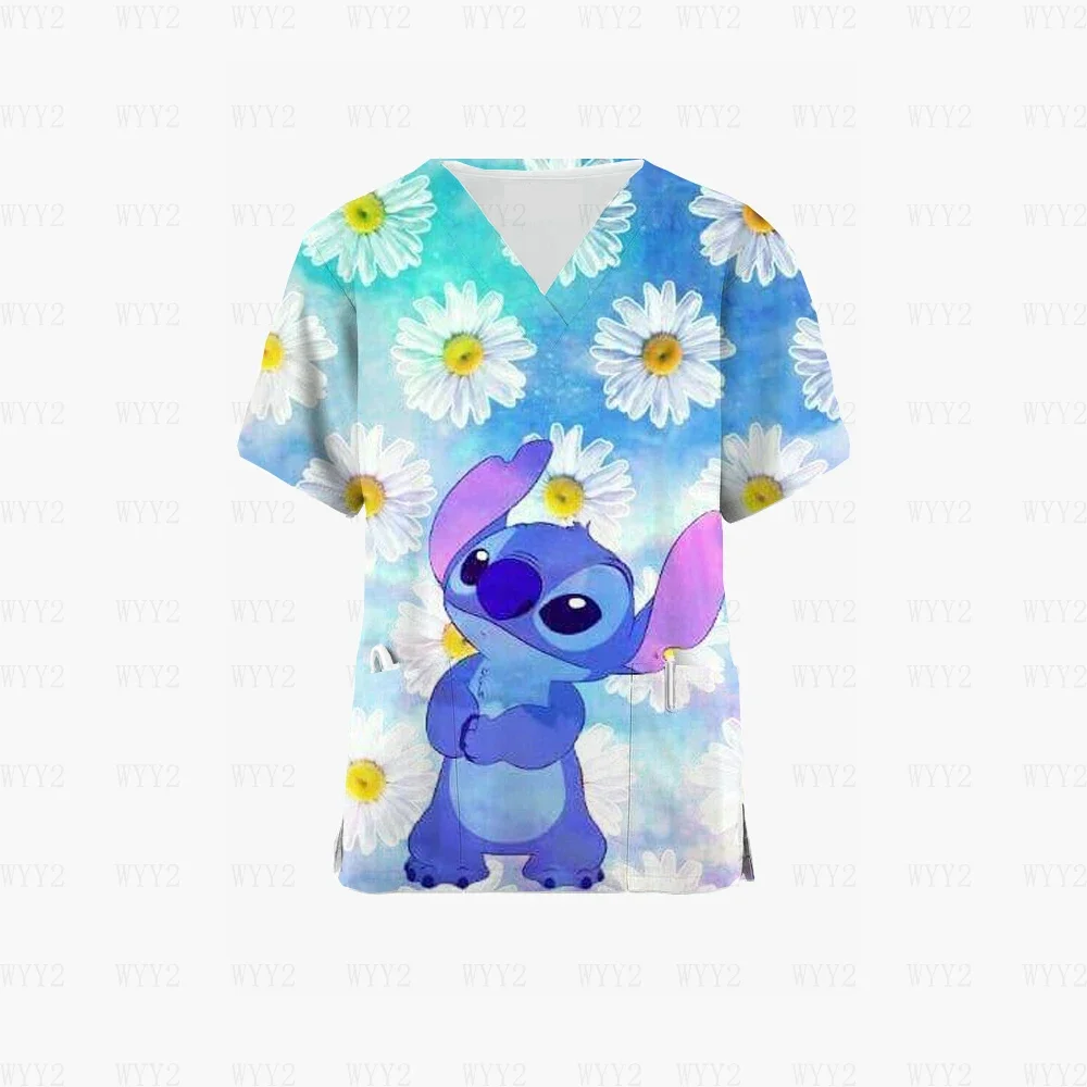 Disney Stitch Hospital Staff Women's Cartoon Print Casual Short Sleeve V-Neck Nursing Staff Tops Medical Uniform Supplies