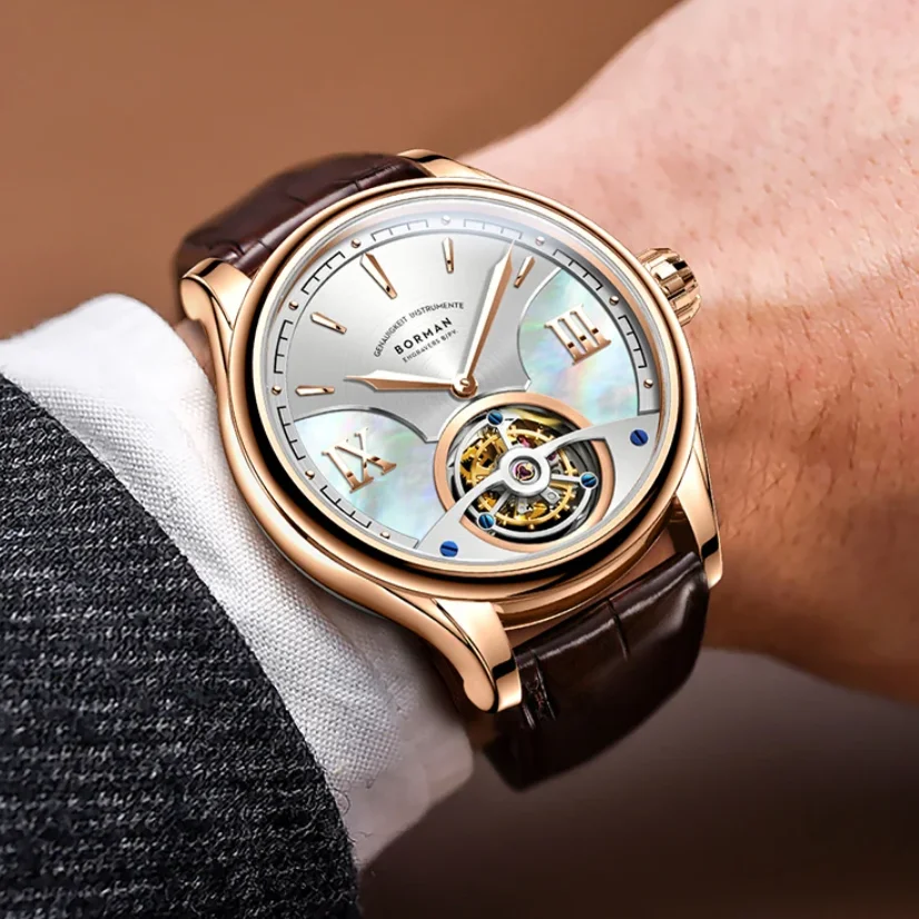 

Borman Мужские настоящие часы с турбийоном 41,5 мм Роскошные механические наручные часы с сапфировым стеклом и кожаным ремешком с перламутровым скелетонизированным циферблатом