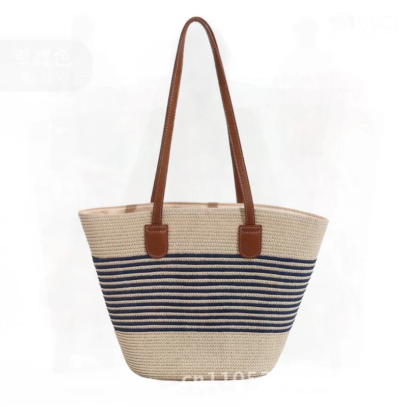 

Women's Handmade Woven Shoulder Bag Large Capacity Crossbody Mori Straw Style Tote Urban Minimalist Knitting Off-White Stripes