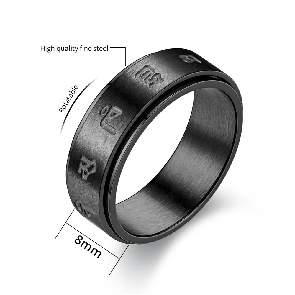 Anti Stress Anxiety Fidget Spinner Buddhism Mantra Ring 8mm Black Color Stainless Steel Rotating Mood Rings For Men Jewelry Gift