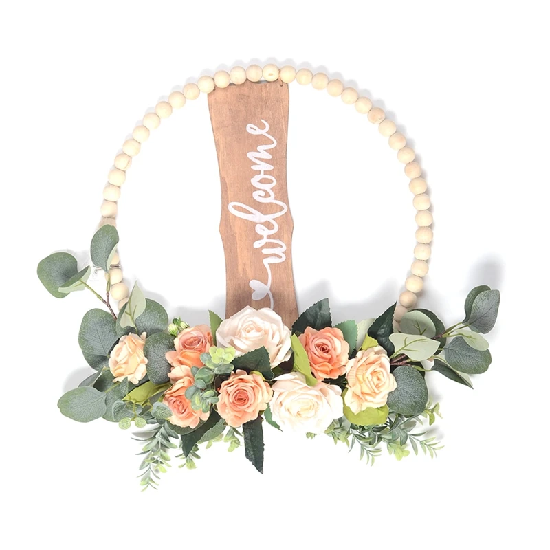 All Seasons Floral Wreath For Front Door, Wood Beads And Eucalyptus Wreath, Indoor Outdoor All Seasons Floral Wreath