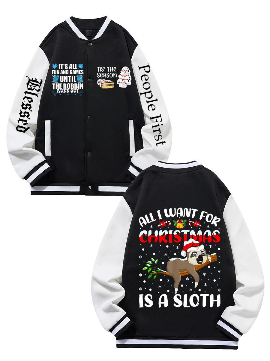

Black Blue Green Double-sided Christmas Print XS-XXL Unisex Baseball Jacket Streetwear Coat Warm Fleece Soft Jacket
