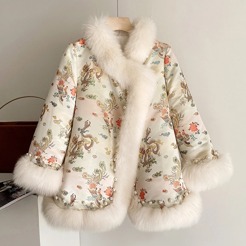 Abrigo bordado para mujer, chaqueta de piel sintética de invierno, traje Tang con cuentas Harajuku, capa elegante para mujer, casacos de inverno femeninos