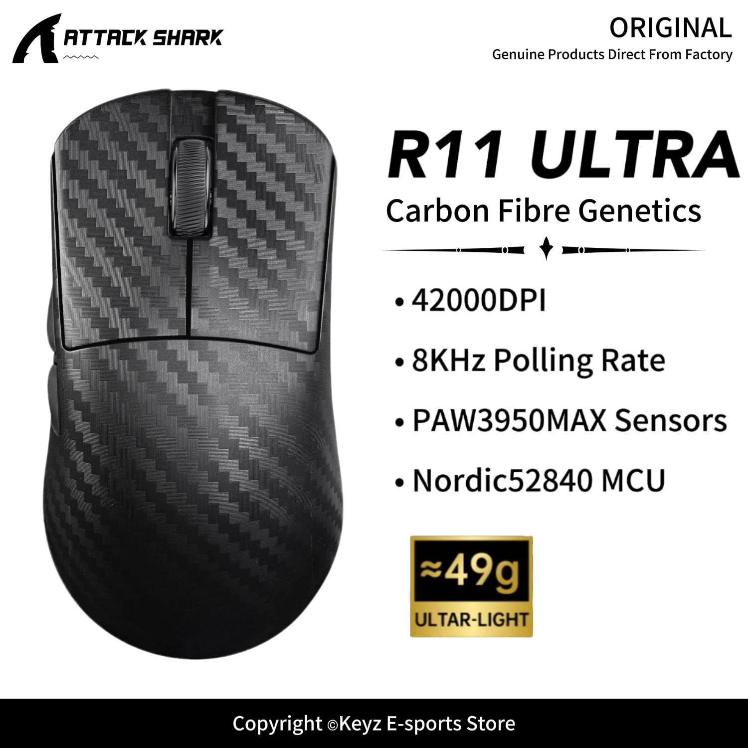 ATTACK SHARK R11 ULTRA 8KHz Wireless Gaming Mouse 42000 DPI PAW3950MAX Carbon Fiber Tri-Mode Wireless for PC Laptop